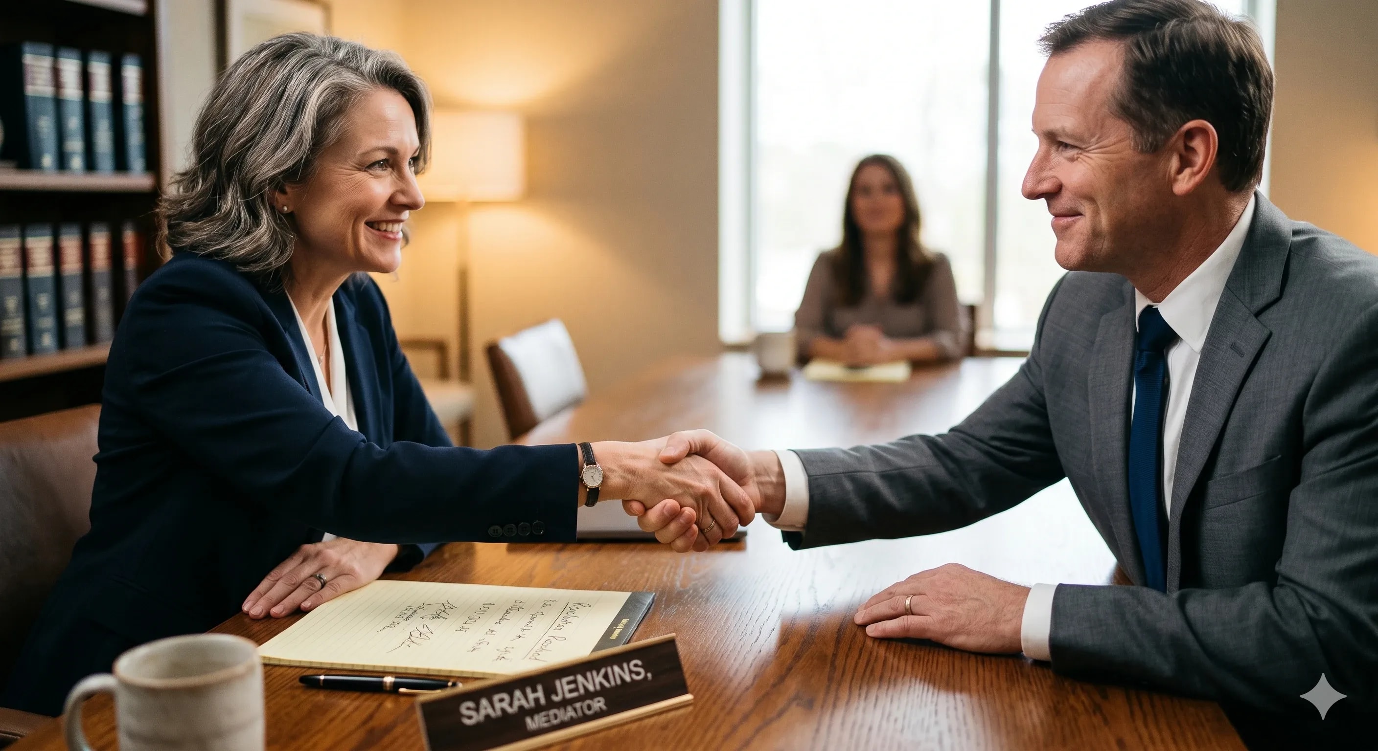 A professional close-up of a mediator shaking hands with a client at a wooden table, representing resolution.